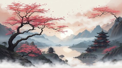 Illustration, postcard: landscape made in the style of Japanese ink painting - obrazy, fototapety, plakaty