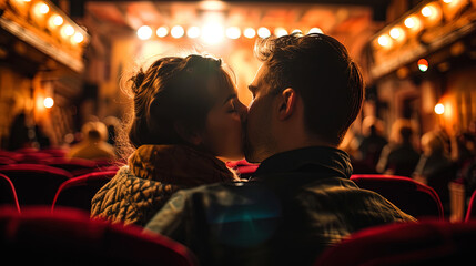 A kiss in the cinema, watching a film about love, with the history of inspiring lovers - obrazy, fototapety, plakaty