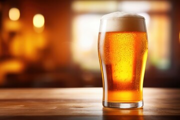 Chilled Beer Glass on Wooden Bar Counter