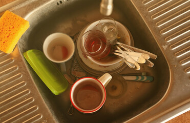Stack of dirty dishes with food leftovers in the kitchen sink. Unwashed dishes ready to cleaning