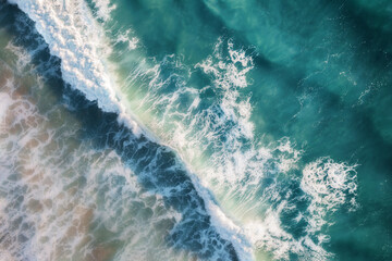 Large ocean waves rolling in motion with crystal clear blue water and white foam, captured from above, Port Noarlunga, South Australia, Australia.