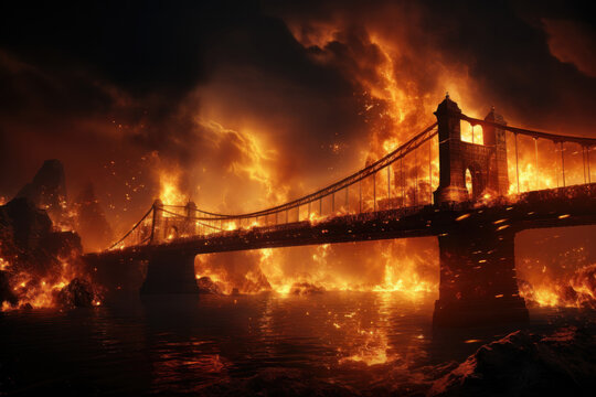Catastrophic scene as a historic bridge is consumed by an apocalyptic blaze