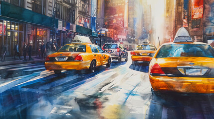 Impressionist watercolor transmitting the movement of city street with multi colored cars and pass
