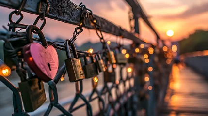 Poster A bridge adorned with heart shaped padlocks against a sunset. Concept of love and valentines © Tazzi Art