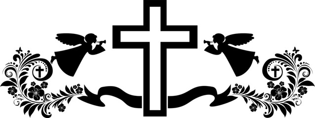 Cross with Angel. Ascension Day. Stock vector illustration in white and black colors. Symbol of Religion. Suitable for greeting card, poster, celebrating card, banner, background, social media.