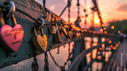 A bridge adorned with heart shaped padlocks against a sunset. Concept of love and valentines - obrazy, fototapety, plakaty