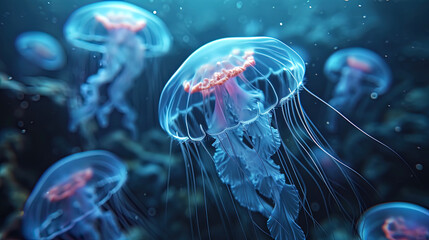 Mysterious jellyfish with the rays of light, penetrating through their transparent bodies, like mo