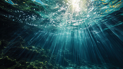 Mystical spots of light, the rays of which penetrate the water streams, like light fans in a dark - obrazy, fototapety, plakaty