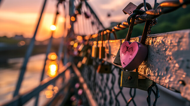 A bridge adorned with heart shaped padlocks against a sunset. Concept of love and valentines