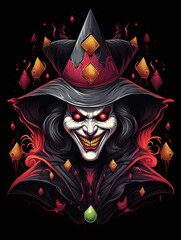 Realistic and simple t-shirt design featuring a likeable and controversial jester clown inspired by the Illuminati god created with Generative Ai