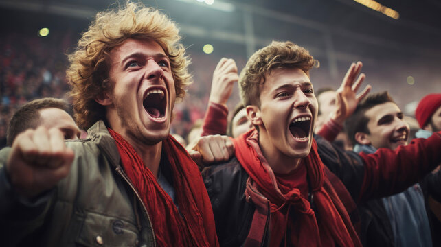 Male Football Fans Celebrating Goal at Stadium