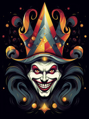 Realistic and simple t-shirt design featuring a likeable and controversial jester clown inspired by the Illuminati god created with Generative Ai
