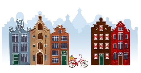 Amsterdam houses. Authentic european historical buildings.  Netherlands architecture. Cute colorful brick houses.
Hand drawn doodle illustration. - 710715777