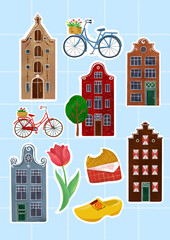 Holland netherlands tourism travel icon set with amsterdam architecture building, attractions, famous tourists landmarks, dutch food. Netherlands symbols stickers collection. - 710715789