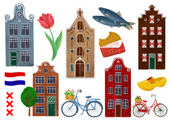 Holland netherlands tourism travel icon set with amsterdam architecture building, attractions, famous tourists landmarks, dutch food. Netherlands symbols stickers collection. - 710715906