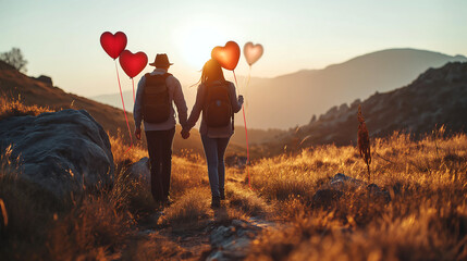 Couple hiking through a beautiful landscape, hand in hand with heart-shaped balloons, valentine day - obrazy, fototapety, plakaty