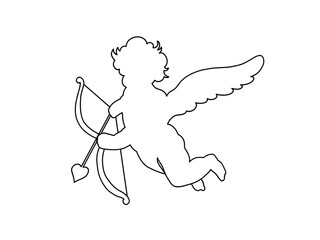 Cherub line art Valentines day. Cute cupid outline angel with wings, arrow and bow isolated on white background. Vector illustration