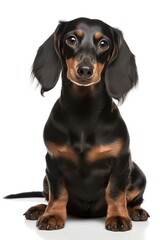 Adorable Dachshund dog looking to camera on a white background.