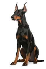 Fototapeta premium Doberman Pinscher dog looking to camera on a white background.
