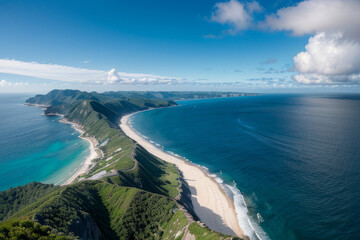 a beach, flying over the ocean,bird eye view,generative ai