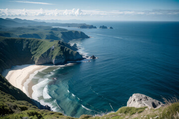 a beach, flying over the ocean,bird eye view,generative ai