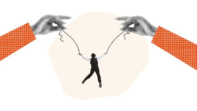 Creative stop motion. Modern animation. Huge hands holding businessman and manipulating like marionette. Concept of persuasion, exploitation, business control. influence, working pressure, employment