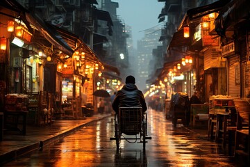Disabled man in a wheelchair navigating a wet and dimly lit street during rainy evening