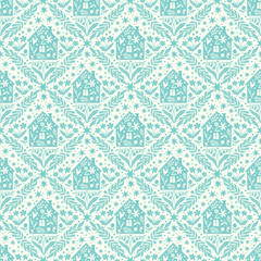 Fototapeta premium Hand drawn doodle cartoon houses and flower silhouette seamless pattern, cute house seamless texture