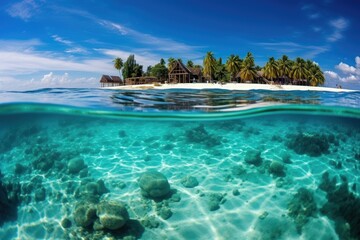 Tropical island with white sandy beach above turquoise water and coral reef - obrazy, fototapety, plakaty