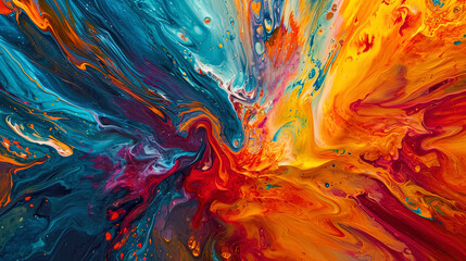 Incredibly saturated and abstract background, made by oil paints, in which a mixture of bright col