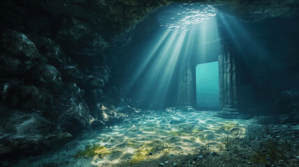 Magic light under water, which penetrates through the sea fog, like a luminous entrance to the mag