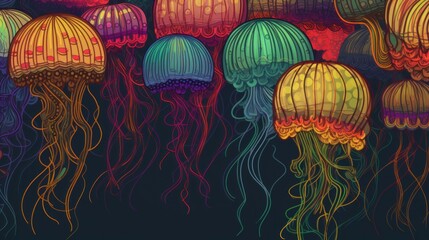 Bright stylized jellyfish with intricate designs against dark backdrop