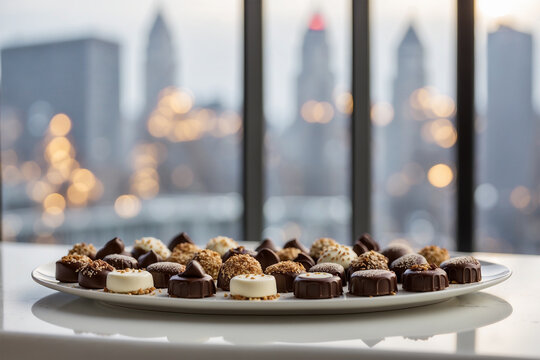 photo of a plate of chocolate in front of a window with a view of the city 2