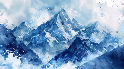 Subtle and detailed watercolor pattern representing high mountain peaks covered with a layer of sn - obrazy, fototapety, plakaty