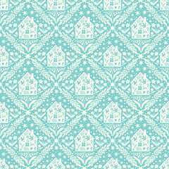 Hand drawn doodle cartoon houses and flower silhouette seamless pattern, cute house seamless texture