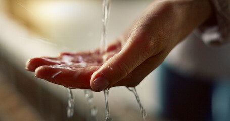 Closeup, wash hands and water for cleaning, hygiene and health for safety, immune system or germs....