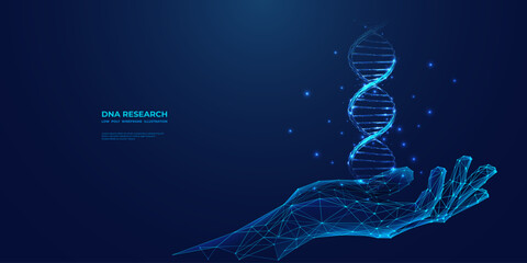 Abstract hologram of DNA helix in a hand on a blue background. Digital hand-holding double helix in futuristic light monochrome low poly wireframe style. Medical, science concept. Vector illustration. - obrazy, fototapety, plakaty