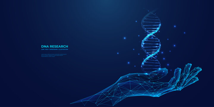 Abstract hologram of DNA helix in a hand on a blue background. Digital hand-holding double helix in futuristic light monochrome low poly wireframe style. Medical, science concept. Vector illustration.