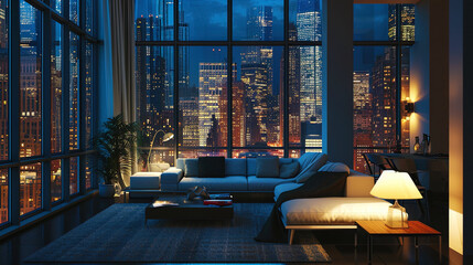 A modern living room with huge windows, which opens an impressive view of a night metropolis