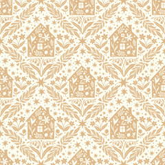 Hand drawn doodle cartoon houses and flower silhouette seamless pattern, cute house seamless texture