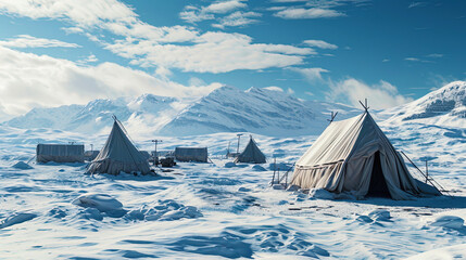A snow covered landscape of a military camp in the Arctic zone