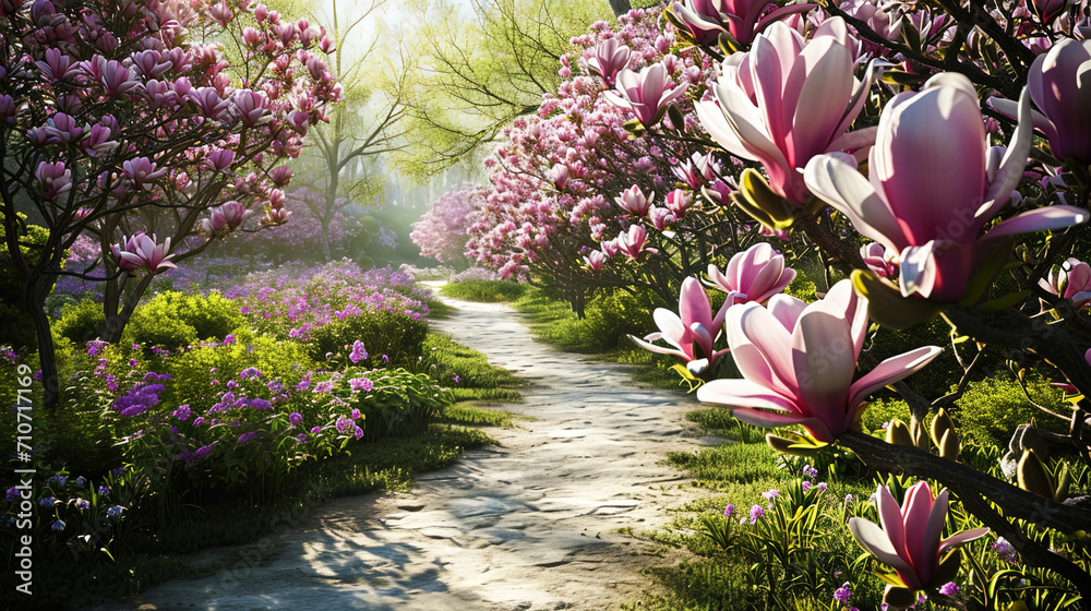 Wall mural spring garden with bright magnolias, exciting its beauty and aroma - Wall murals