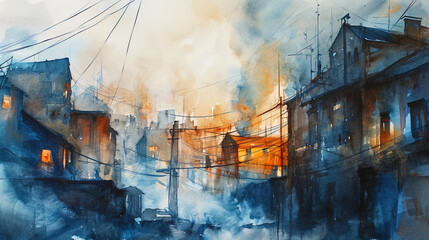 Mysterious watercolor depicting the city in a fog, where buildings flicker like ghosts in the even