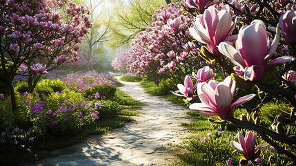 Spring garden with bright magnolias, exciting its beauty and aroma