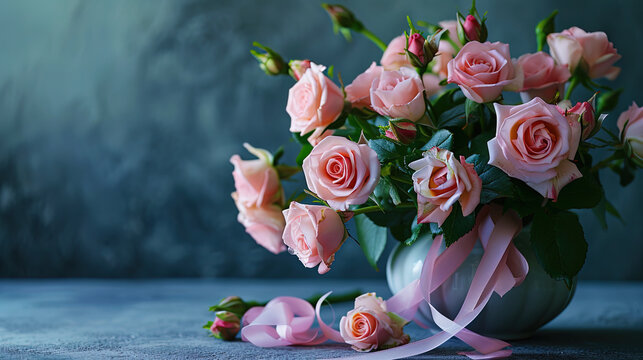 Pink roses in a vase, decorated with a beautiful ribbon creating a note of romance