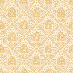 Hand drawn doodle cartoon houses and flower silhouette seamless pattern, cute house seamless texture