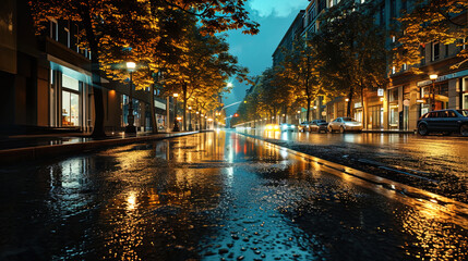 The night city landscape, where wet asphalt becomes an artistic canvas, reflecting night lights - obrazy, fototapety, plakaty