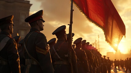 The scene of raising a military banner on Victory Day - obrazy, fototapety, plakaty