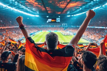 Soccer fan or football fan with flag at cheering while winning match. Generative AI