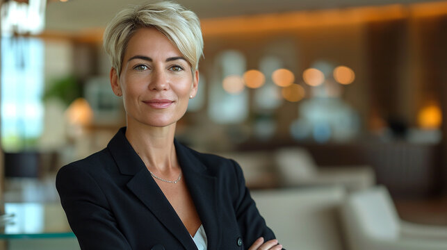 portrait of a smiling businesswoman, female general manager of a modern hotel company